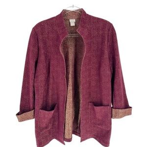 Chico's 2 Jacket Womens Large Red Gold Jacquard Open Front Blazer Longline Knit
